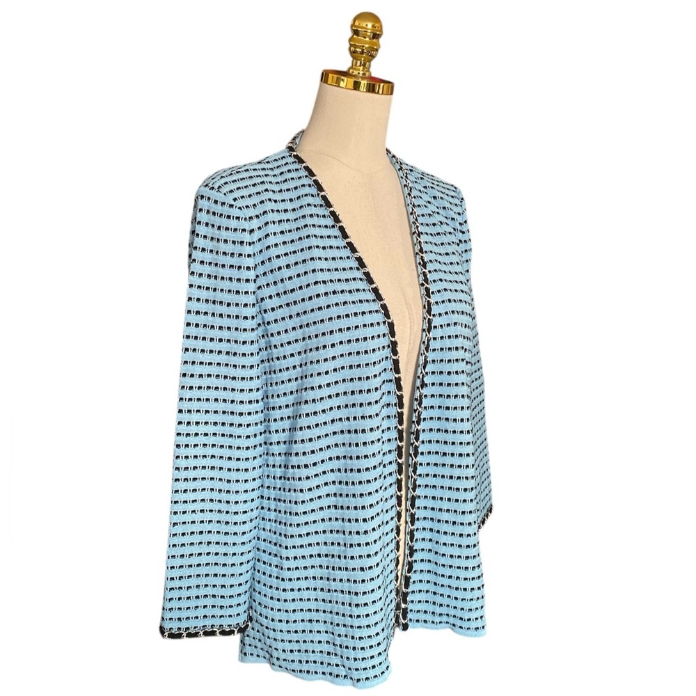 Ming Wang Women’s Light Blue Textured Knit Crotchet Chain Trim Blazer Medium - Picture 2 of 11